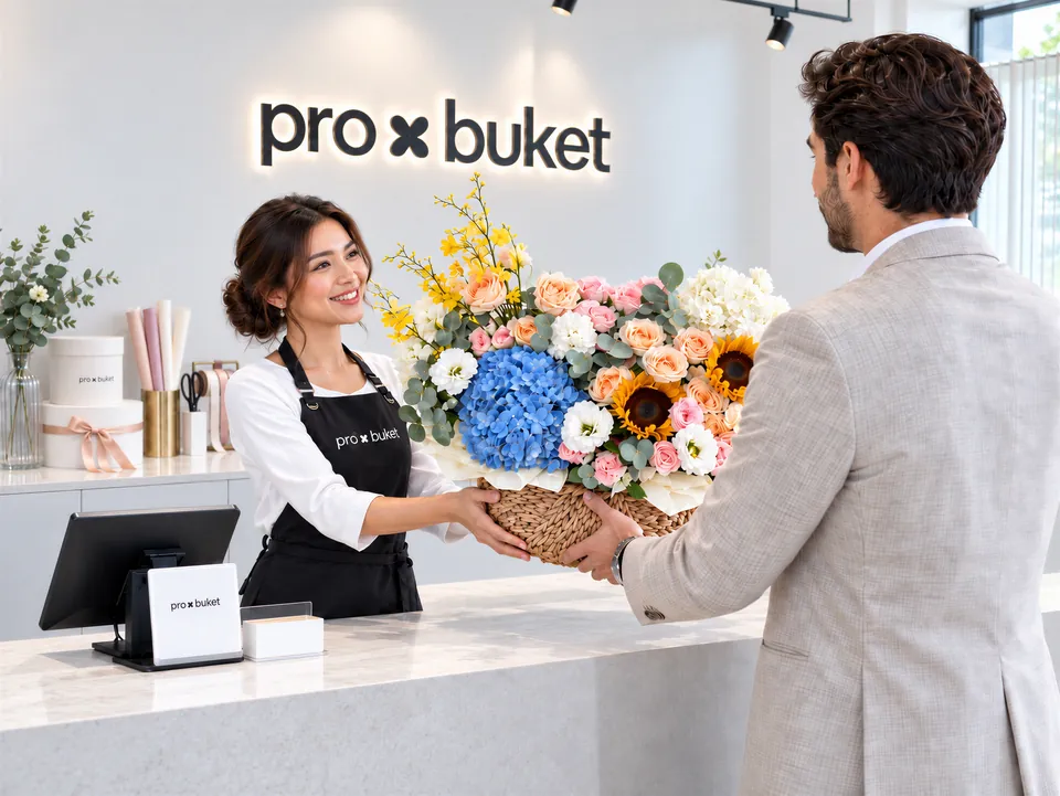 Флорист pro buket передаёт покупателю букет в мастерской