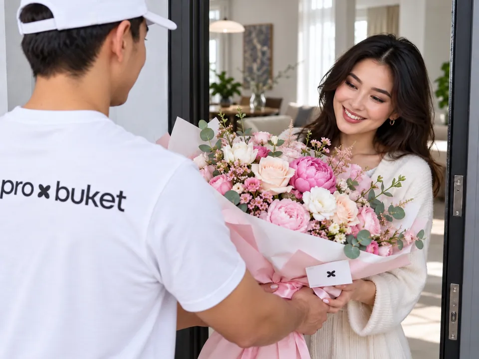 Курьер pro buket вручает букет девушке у двери