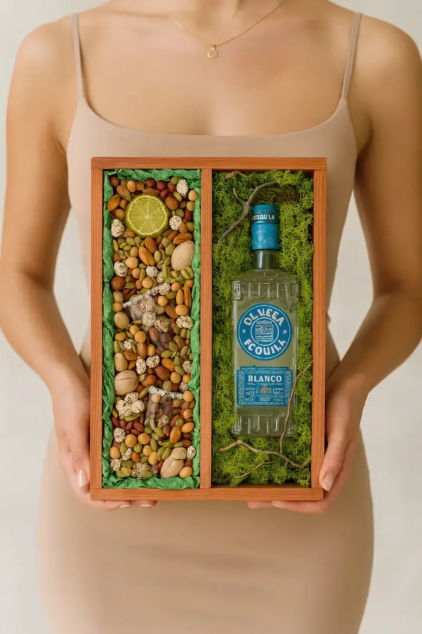 Box with tequila and nuts