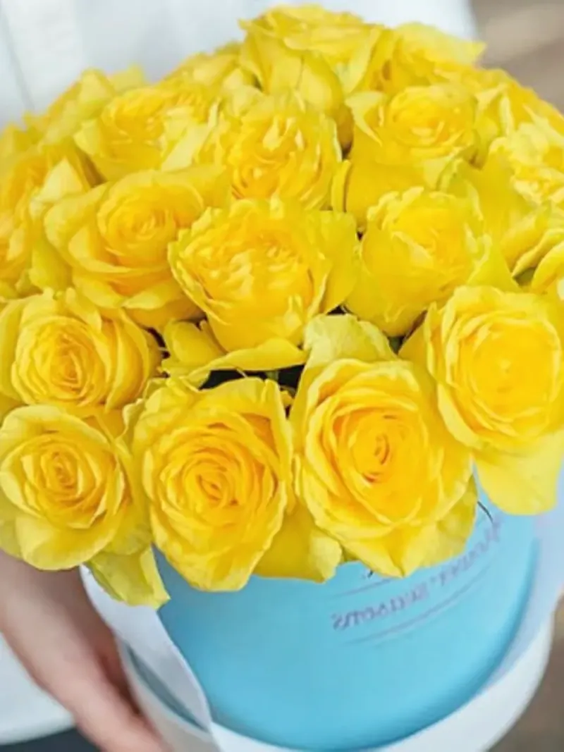 25 yellow roses in a box