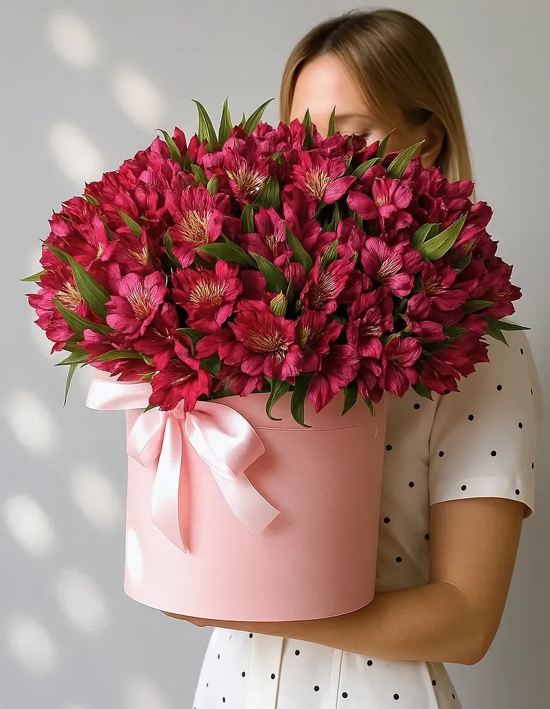 Burgundy alstroemerias in a box