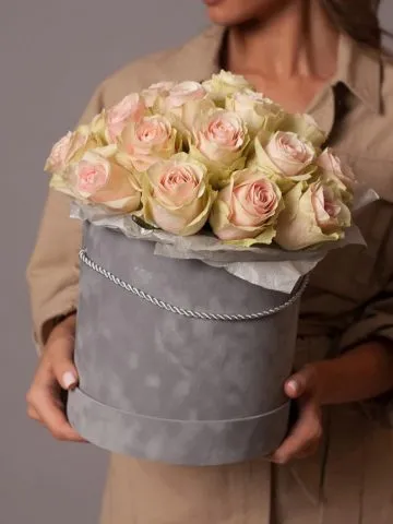 25 кремовых роз в коробке