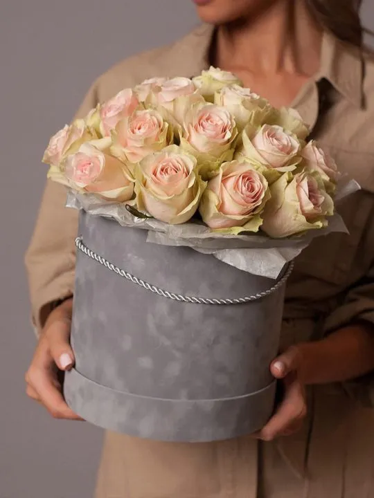 25 кремовых роз в коробке