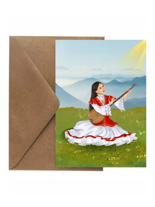 Открытка Казахстан. Девушка с домброй