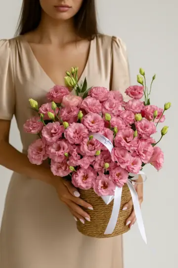 Розовые лизиантусы в корзине