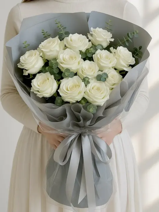 Букет из 13 белых роз с эвкалиптом