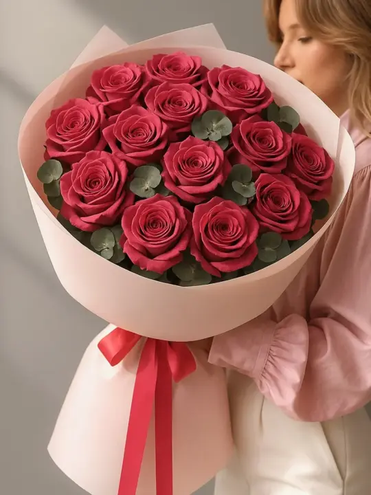 Букет из 13 малиновых роз с эвкалиптом