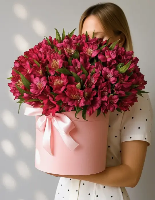 Бордовые альстромерии в коробке