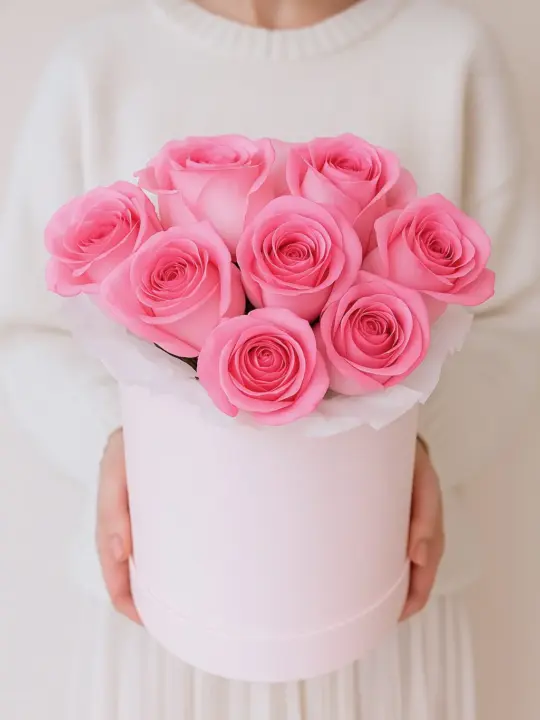 Розовые розы в коробке