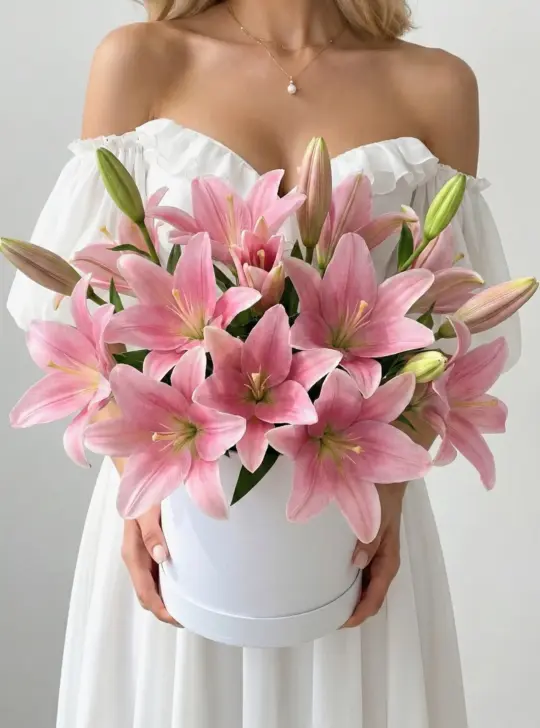 Коробка с розовыми лилиями