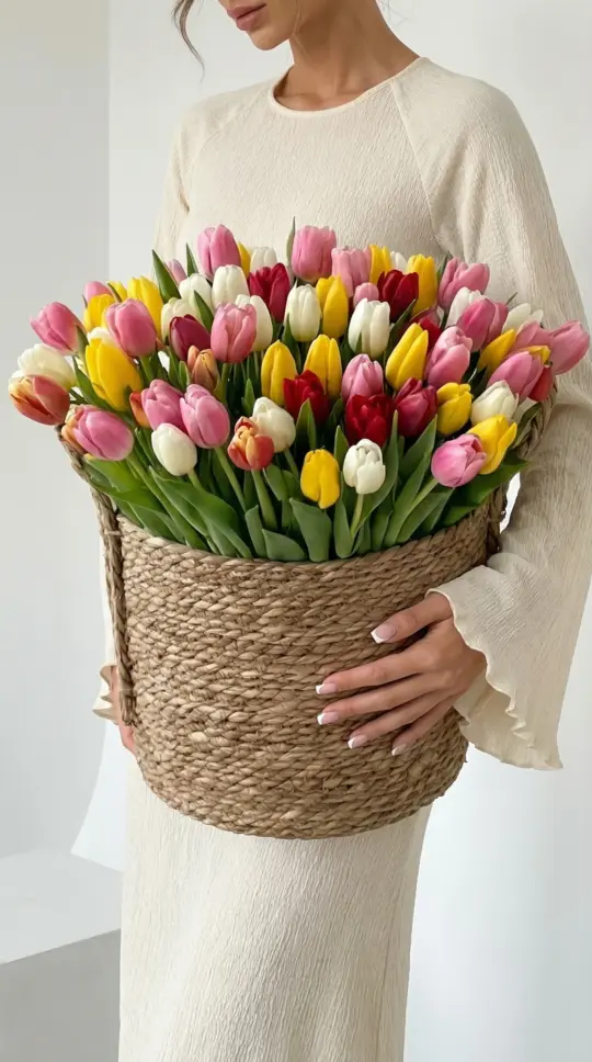 Букет из 101 микс тюльпана в кашпо