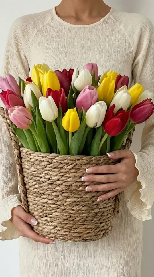 Букет из 25 микс тюльпанов в кашпо