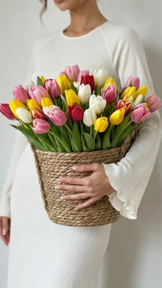 Букет из 51 микс тюльпана в кашпо