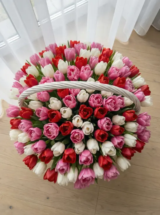 151 пионовидный тюльпан в корзине